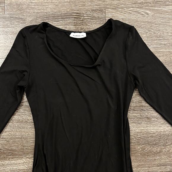NWOT Marcella NYC Black Long Sleeve Ruched Tulip Hem Midi Dress M Tencel Bodycon - Picture 3 of 15